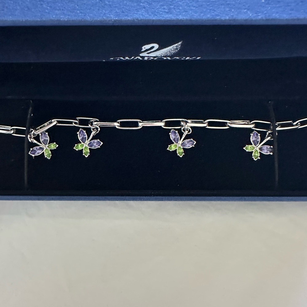 Swarovski Silver Bracelet with Green and Lilac Butterflies